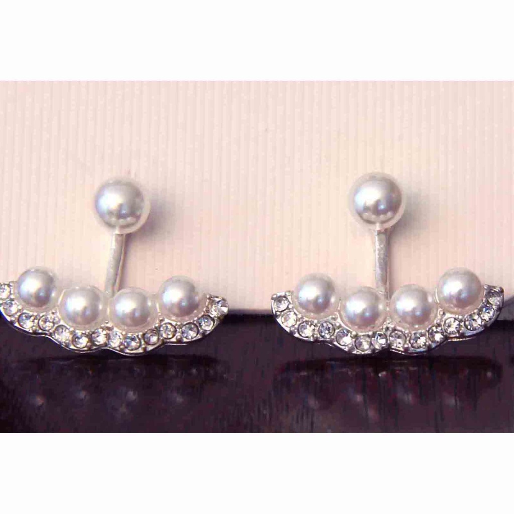 Faux Pearl Rhinestone Earrings Silver White